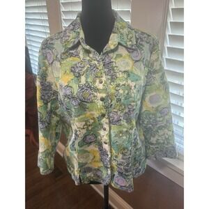 Christopher & Banks Stretch Cotton Spandex Spring Print Purple & Green Blazer. M